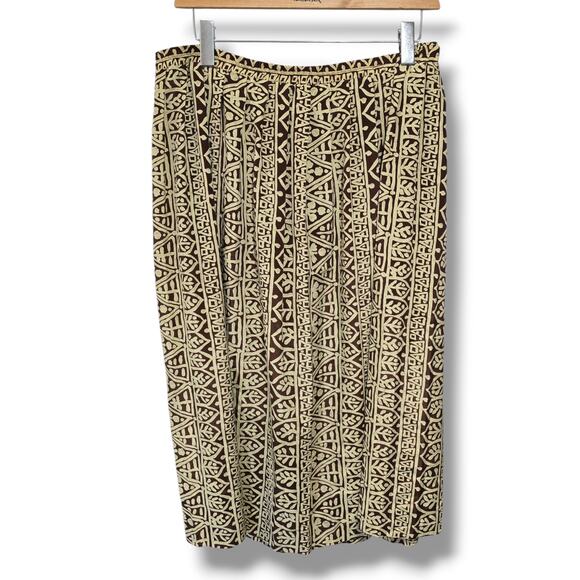 Leslie Fay Vintage Brown Cream Print Midi Skirt Size 14 Elastic Waist - Picture 1 of 9